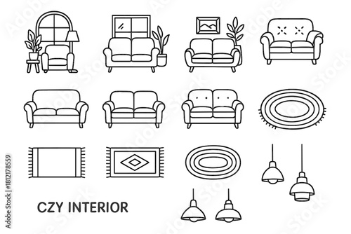 Icon view ink vector sofa lamp interior stylish pendant home cozy carpet
