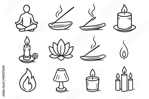 Flame candle meditative setting collection calm light vector incense icon handdrawn set