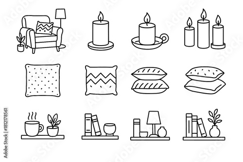 Line interior icons sketch vector candles hygge scene cushions shelf cozy icon
