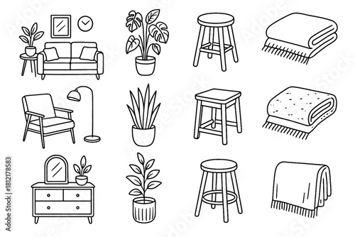 Cozy blanket doodle vector decor icon apartment modern line icons stool interior