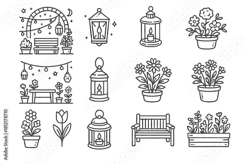 Vector bench icons evening flowers patio artistic lanterns garden line summer icon