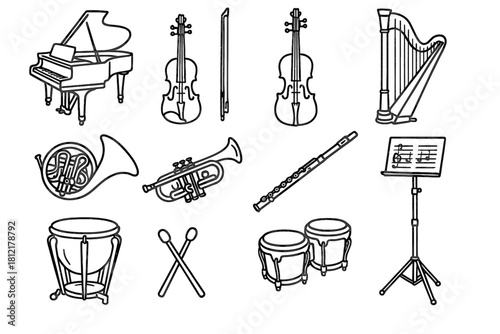Violin sheet icon tools line classical stand vector orchestra flute set