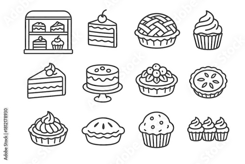 Bakery showcase cupcakes icons patisserie vector cakes collection outline artistic sketch pies