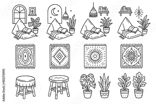 Plants line rug vector reading stool style boho nook icon