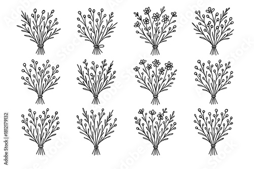 Vector floral wild string collection icon blooms pencil bouquet rustic tied garden