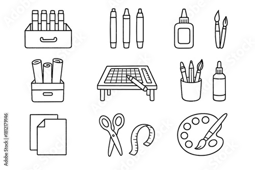 Desk glue set drawer organized paper rolls icon craft markers icons outline