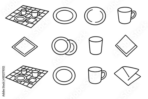 Icon set drawing picnic blanket vector pencil plates scene cups napkins