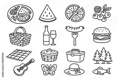 Watermelon minimal vector set slices picnic fruit platter icon orange outline berries