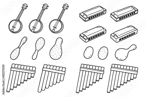Icon flute shaker instrument drawing harmonica banjo folk instruments pan vector icons