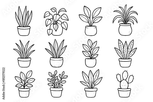 Varied line icon set pots plant vector plants indoor greenery clay shapes