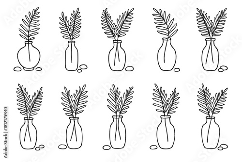 Leaves vector icon set fern still life botanical vase pebbles grid