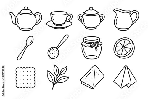 Napkin vector icon jar teapot honey saucer biscuit tea teaspoon set teacup