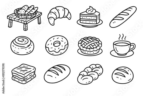 Vector rustic bakery bread wooden set pencil icon cup pastries table tea