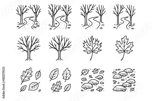 Leaves road forest trail rocky handdrawn vector icons icon trees bare autumn