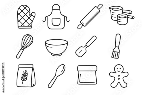 Mixing brush mitt bag baking oven icons kitchen rolling vector icon apron