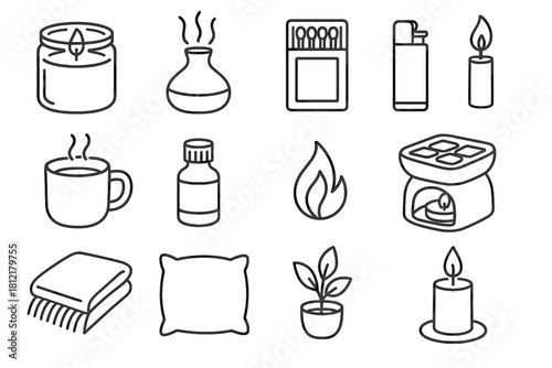 Candle relaxation vector icon set lighter burning bottle pillow small cozy tea