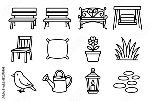Icon vector cushion lantern path bird park icons grass garden bench