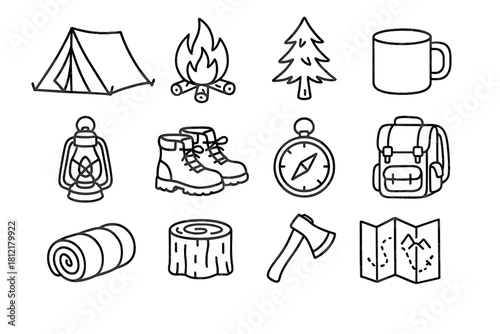 Backpack vector sleeping icon compass boots forest campfire icons camping seat lantern