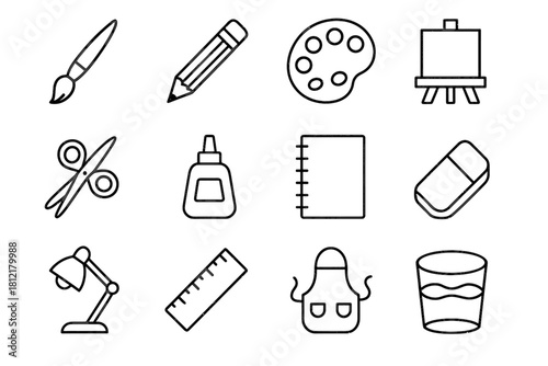 Brush tools apron vector notebook art ruler scissors home icon pencil cup