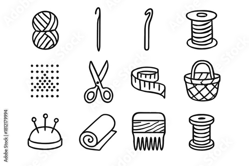 Icon hook roll bobbin chart scissors basket comb vector wool craft skein