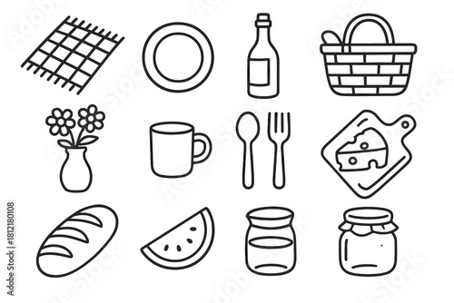 Fork bottle board icons wine rug icon garden flower vector loaf picnic