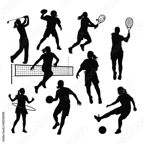 Set of diverse sportswoman silhouettes performing various athletic activity isolated on