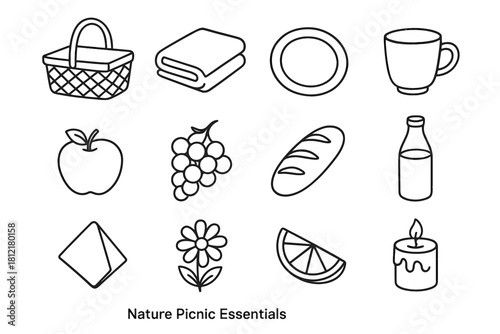 Essentials juice candle grapes slice flower picnic vector plate icon bread icons