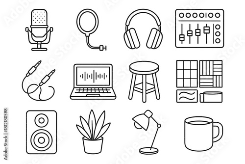 Recording cables microphone sound icon filter icons headphones vector studio pop stool