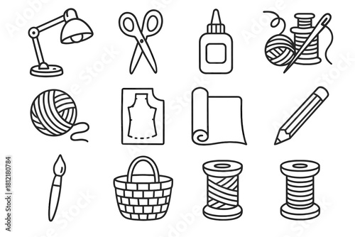 Handmade paper icons workspace brush roll thread basket glue icon vector scissors