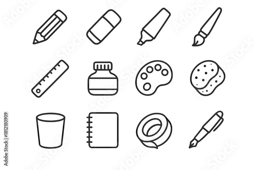 Eraser artistic ruler icon bottle paintbrush palette notebook tools vector icons tape