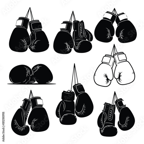 Assortment of boxing glove icon set showing various pairs hanging and resting isolated on
