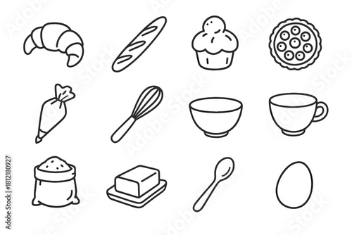 Cup bowl bakery sack tart icons baguette spoon egg vector french icon