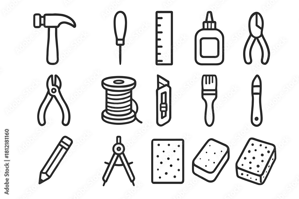 Obraz premium Vector artisan sponge icons icon cutter tools brush ruler compass thread hammer