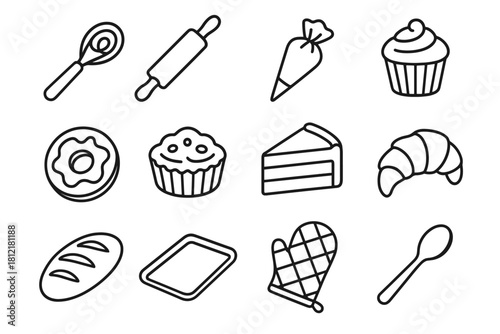 Icon collection vector pastry bakery cupcake tray slice glove dough loaf bag
