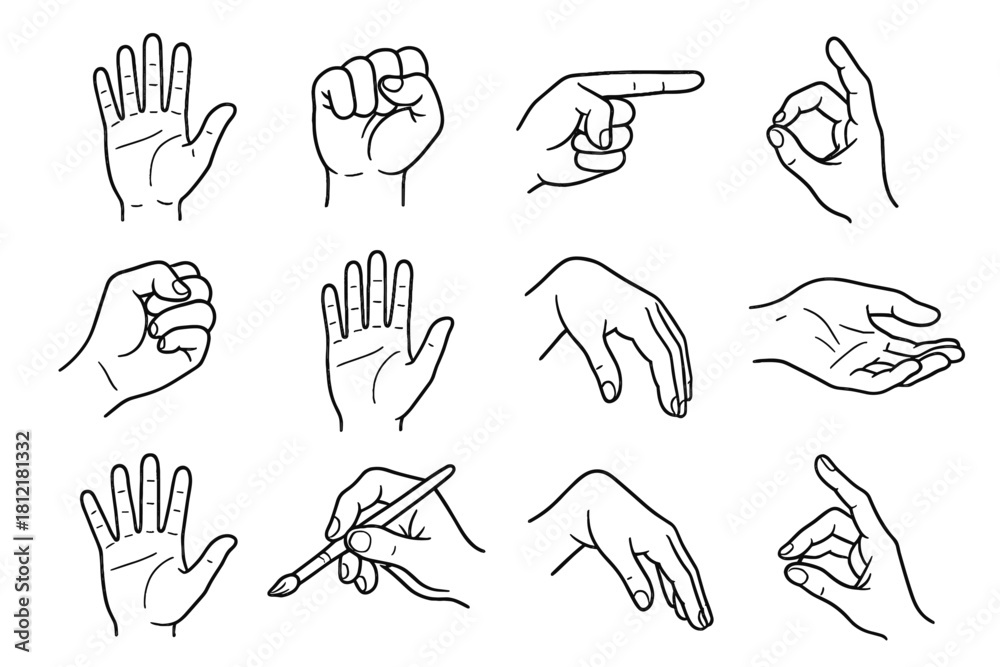 Fototapeta premium Set side icon index cupped gesture fingers touching spread holding grasp vector