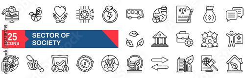 Sector of society icon set. vector illustration concept for sector, society, agriculture, education, health care, energy, technology, transportation, art, justice, public administration