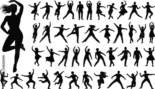 Dance silhouettes, expressive poses, jumping, spinning, arm gestures, movement icons, black vector, choreography, rhythm, emotion, posture, design