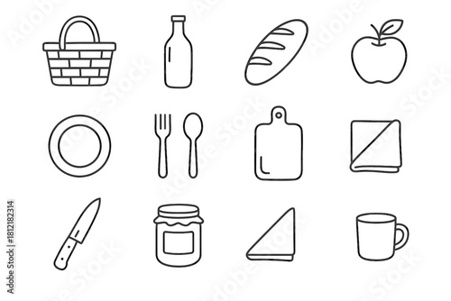 Picnic spoon jar essentials apple icon plate vector icons bottle cutting bread