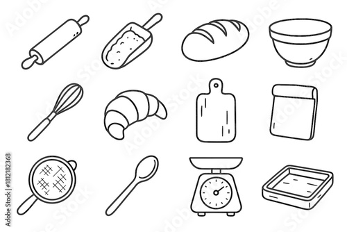 Icon loaf board whisk pin scoop croissant artisan mixing icons vector bakery