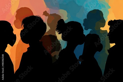 Silhouettes of people wearing masks in a crowd