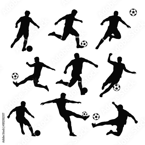 Set of black silhouette icons showing multiple soccer player movements isolated on