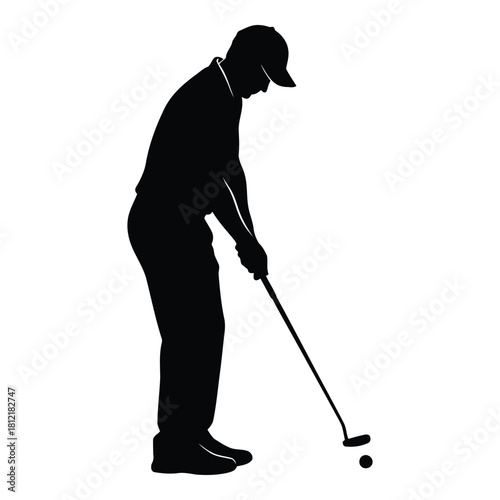 Silhouette of a golfer in cap preparing to putt a golf ball isolated on