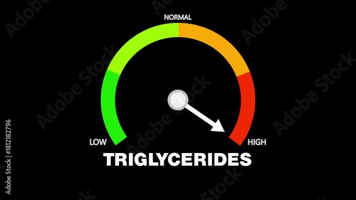 Animated triglycerides level meter moving from high level to normal level, ideal for concepts related to cholesterol management, heart health, and medical diagnostics