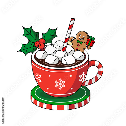 A Christmas hot chocolate mug with marshmallows and a gingerbread man. Vector illustration of a cozy winter treat. The red mug is decorated with snowflakes, complete with a candy cane straw and holly 