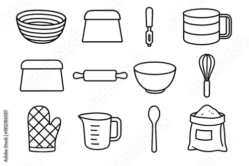Cup tools flour bag bench bread proofing oven icon baking mitt vector