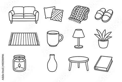 Coffee icon comfort rug knitted mug pillows home blanket vector potted icons