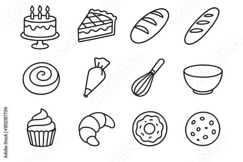 Vector bakery icon pastry bowl baguette bun donut whisk set cake loaf