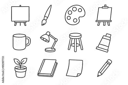 Brush icon canvas easel stool hobby paper pencil paint vector art palette