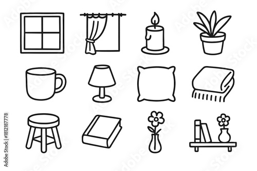 Icon pillow book candle mug vector lamp stool potted curtain window essentials