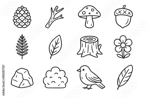 Icon mushroom bush vector stump fern acorn feather pinecone forest set flower